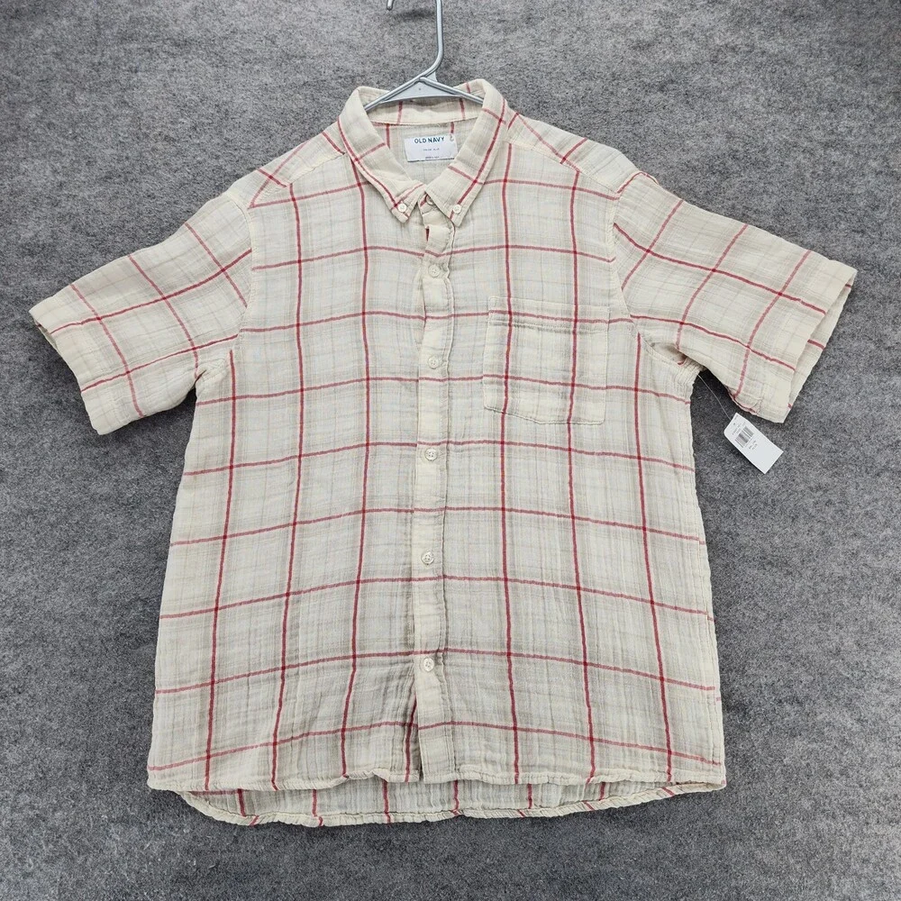 Old Navy Shirt Boys XXL 18 Plus Button Down Short Sleeve White Beige Plaid